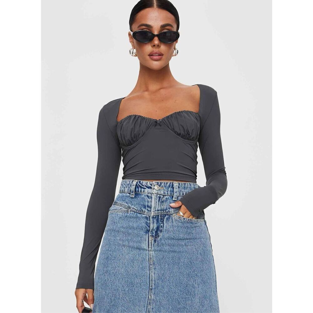 Princess Polly Raeni Black Long Sleeve Bustier Top | Corset Crop Top | NWT Size
